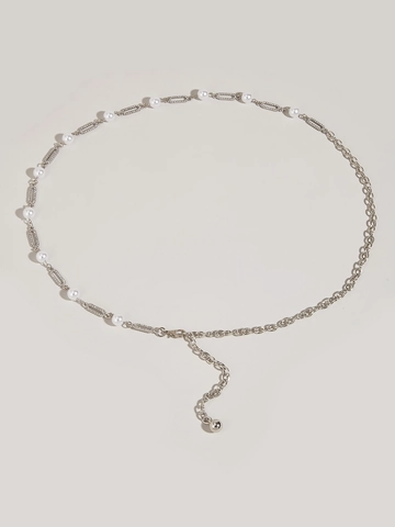 Eleganter Silberner Metall Taillenkette Gürtel Für Damen Strass Hohlrechteck Und Künstliche Perle Dekor Verstellbarer Schmuck