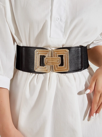 Women Wide Elastic Waist Seal Corset Belt With Geometric Gold Metal Interlocking Buckle For Dress Coat Office Lady Fashion Accessories