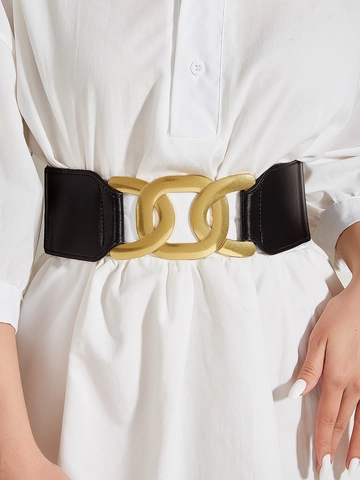 Cintura Elastica Larga da Donna Alla Moda Fibbia a Catena a Triplo Anello d'Oro Cintura a Corsetto per Abiti Cappotti Nero