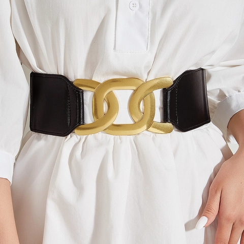 Cintura Elastica Larga da Donna Alla Moda Fibbia a Catena a Triplo Anello d'Oro Cintura a Corsetto per Abiti Cappotti Nero