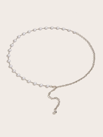 Elegant Silver Metal Waist Chain Belt for Women Thin Adjustable Artificial Pearl Rhinestone Decorative Link Chain for Dress