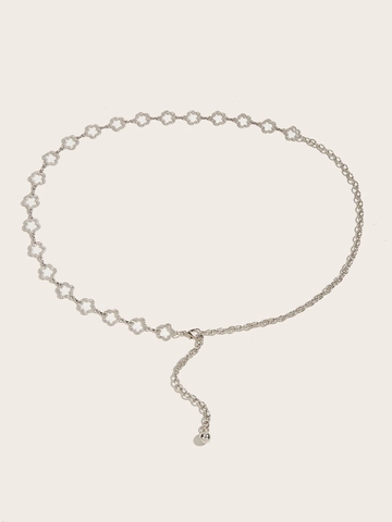 Damen Elegant Strass Metall Taillenkette Hohl Blume Verstellbar Gliedergürtel Für Kleider Silber Mode Dekorativ Körperschmuck