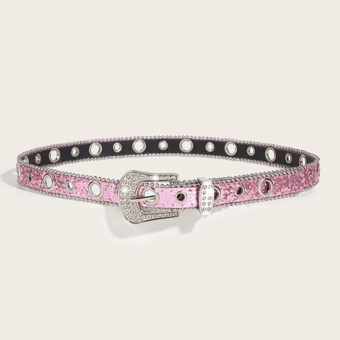Y2K Women Rhinestone Belt Sequin Glitter Pink Waist Belt PU Leather Alloy Buckle Fashion Decorative Belt For Jeans