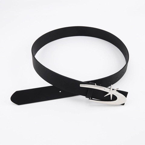 Fashion Women Artificial Leather Belt With Silver Star Moon Buckle Casual Simple Solid Color Waist Belt For Jeans Daily Accessory