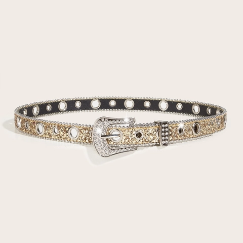 Cintura da Donna con Strass e Paillettes Moda Occidentale Oro Glitter Pelle PU con Fibbia in Lega per Jeans Vestito
