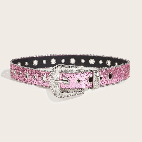 Cintura da Donna alla Moda con Strass Rosa Glitter Stile Occidentale Y2K Cinturone in Pelle PU con Fibbia in Lega per Jeans