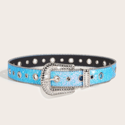 Women Y2K Rhinestone Belt Sky Blue Sequin Waistband With Alloy Buckle Western Fashion Sparkly Studded Belt For Jeans Dress Accessories