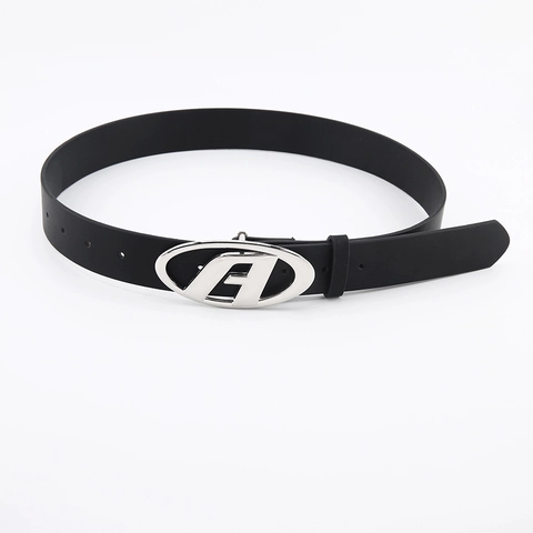 Women Casual Faux Leather Belt With Silver Oval A-Letter Cutout Alloy Buckle Korean Minimalist Trendy Jeans Waist Strap
