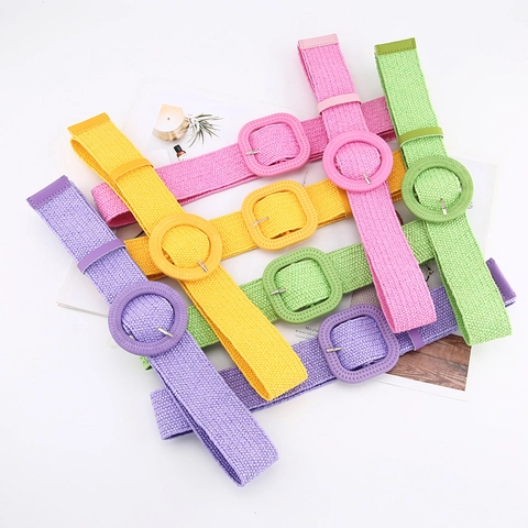 Women's PP Straw Woven Belt With Round Square Buckle Bohemian Summer Beach Decorative Waist Belt For Dress Shirt