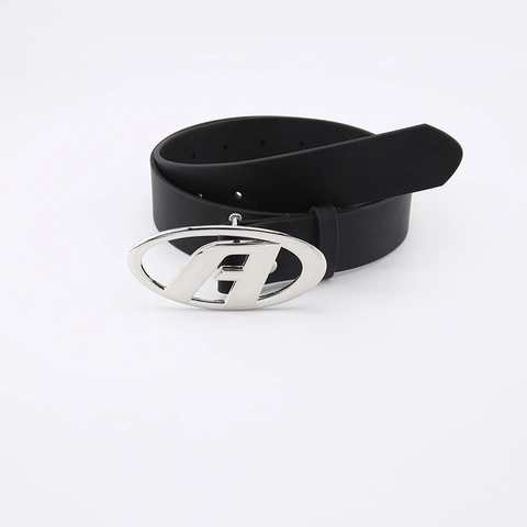Women Casual Faux Leather Belt With Silver Oval A-Letter Cutout Alloy Buckle Korean Minimalist Trendy Jeans Waist Strap