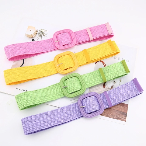 Women's PP Straw Woven Belt With Round Square Buckle Bohemian Summer Beach Decorative Waist Belt For Dress Shirt