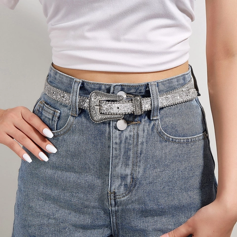 Women's Vintage Western Style Sequin Belt With Carved Alloy Buckle Skinny PU Leather Shimmering Belt For Jeans