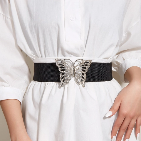 Cintura Elastica Alta da Donna Con Fibbia ad Incastro in Lega di Farfalla Traforata Cintura a Corsetto Decorativa
