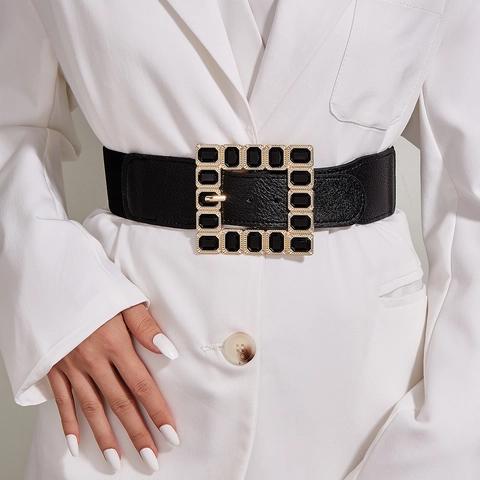 Women Vintage Wide Corset Belt Large Square Alloy Buckle With Black Acrylic Beads Elastic Waist Band For Dress Coat