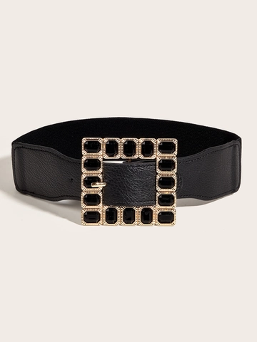 Women Vintage Wide Corset Belt Large Square Alloy Buckle With Black Acrylic Beads Elastic Waist Band For Dress Coat