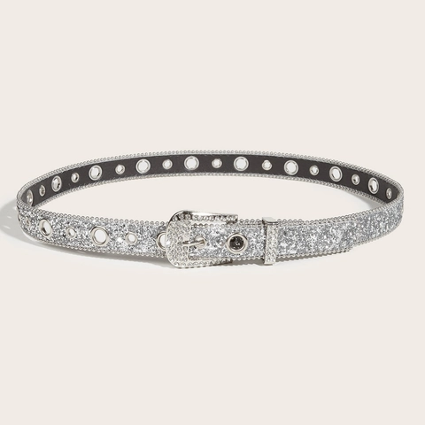 Women Fashion Y2K Rhinestone Belt Silver Glitter PU Leather Waist Strap With Metal Eyelets Square Pin Buckle Party Jewelry