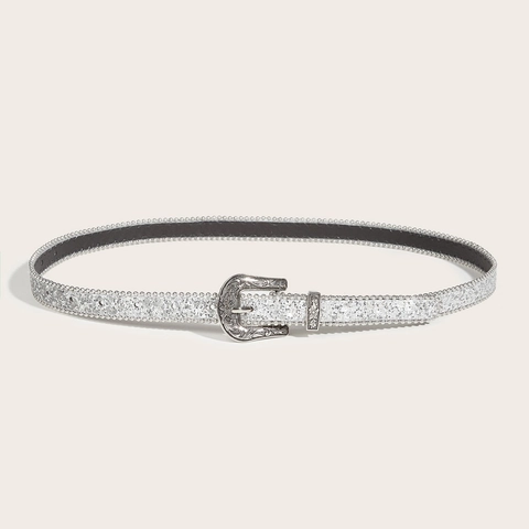 Vintage Silver Sequin Slim Belt For Women Alloy Engraved Buckle Retro Fashion Waistband For Jeans Dress Decoration Jewelry