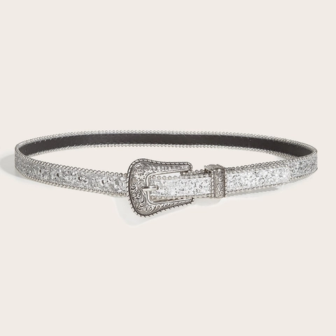 Women's Vintage Western Style Sequin Belt With Carved Alloy Buckle Skinny PU Leather Shimmering Belt For Jeans