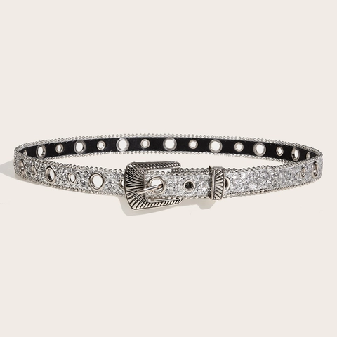 Women Y2K Western Carved Buckle Belt Silver Sequin Glitter PU Leather Girdle For Jeans Punk Grommet Rivet Fashion Accessory