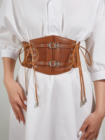 Vintage Lace-Up Faux Leather Corset Belt For Women Retro Gothic Elastic Waist Cincher Decorative Body Shaping Slimming Belt Camel