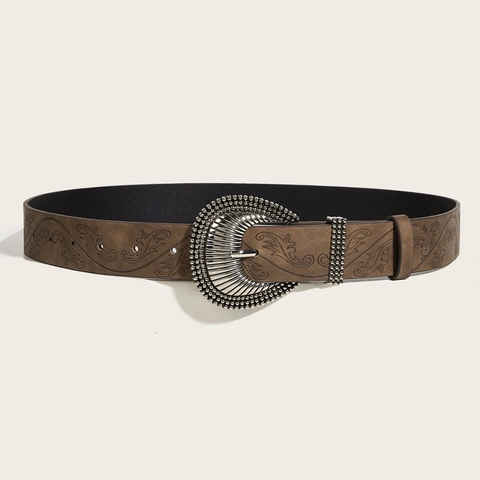 Cintura in Ecopelle Western Vintage Con Goffratura Floreale Fibbia ad Ardiglione in Lega Boho Accessorio Moda Y2K Donna Uomo