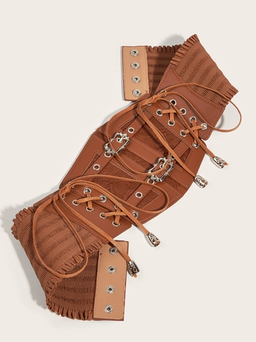 Vintage Lace-Up Faux Leather Corset Belt For Women Retro Gothic Elastic Waist Cincher Decorative Body Shaping Slimming Belt Camel