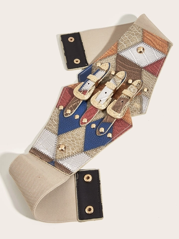 Cinturón de Corsé Ancho Retro para Mujer Patchwork Multicolor Cuero Sintético Con Tres Hebillas de Pasador de Aleación Tallada