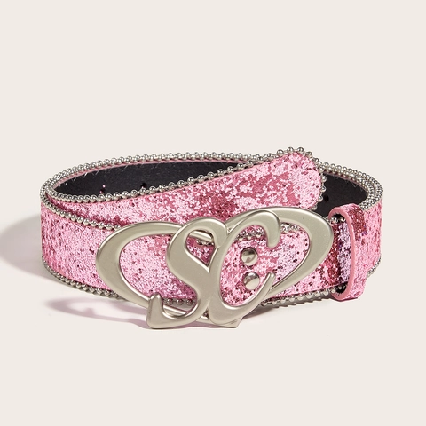 Women Fashion Sequin Glitter PU Leather Belt Metal SC Heart Buckle Personalized Jeans Belt Y2K Style Decorative Waistband