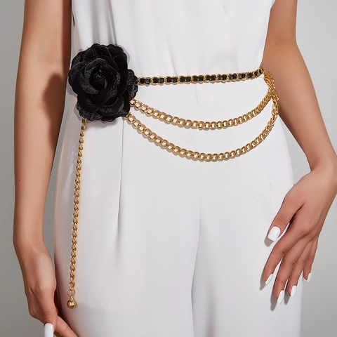 Women Elegant Gold Metal Chain Belt With Large Fabric Flower Retro Multi Layer Waist Chain For Dress Suits Fashion Jewelry Accessories