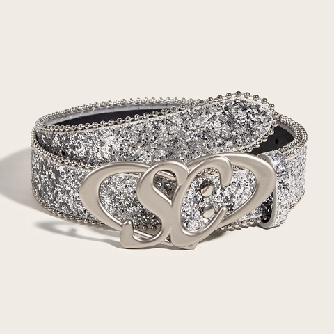 Women Fashion Sequin Glitter PU Leather Belt Metal SC Heart Buckle Personalized Jeans Belt Y2K Style Decorative Waistband
