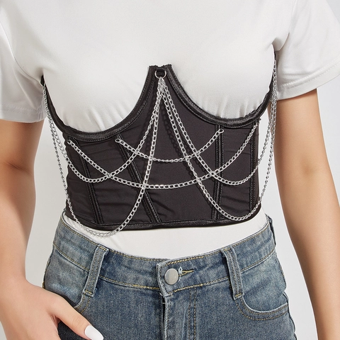 Cintura Corsetto in Raso Nero Gothic da Donna Con Catene in Metallo Stringivita con Lacci per Party Punk Streetwear Accessori Moda