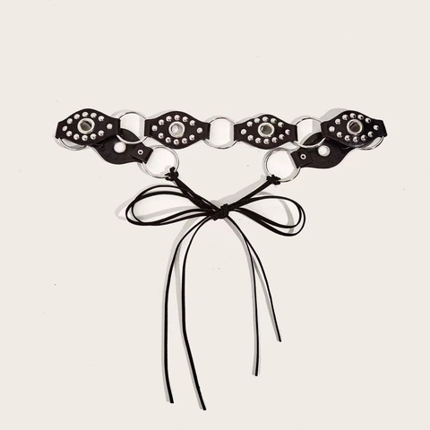 Retro Punk Y2K Dames Metalen O-ring Klinknagel Patchwork Riem Gotisch Kunstleer Veter Tailleband Decoratieve Accessoires