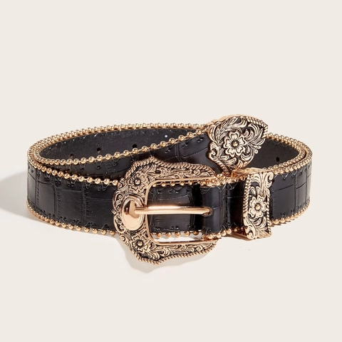 Women Western Retro Belt Alligator Pattern Embossed PU Leather Carved Buckle Gold Silver Beads Trim Waistband Fashion Accessory