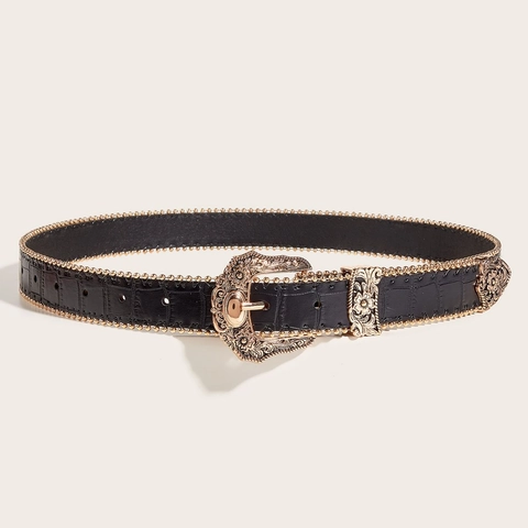 Women Western Retro Belt Alligator Pattern Embossed PU Leather Carved Buckle Gold Silver Beads Trim Waistband Fashion Accessory