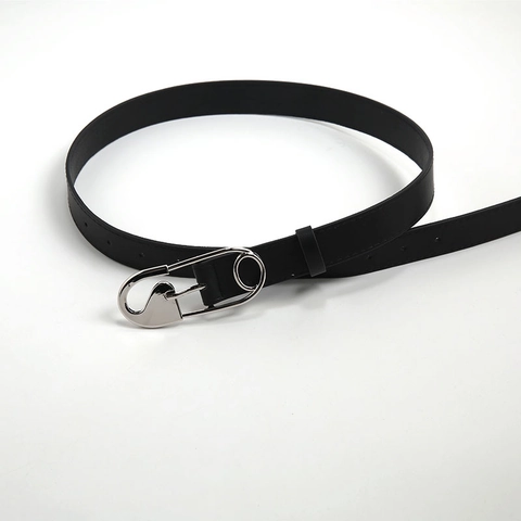 Women's Vintage PU Leather Belt With Unique Silver Safety Pin Alloy Buckle Punk Minimalist Black Waist Strap For Jeans
