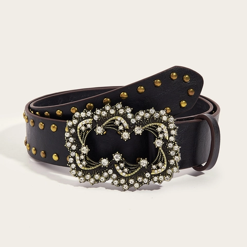 Cintura Donna Vintage Punk con Borchie Larga in Similpelle con Grande Fibbia Decorata con Strass Cintura Boho per Jeans Accessorio Moda