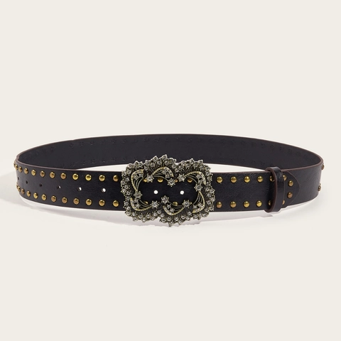 Cintura Donna Vintage Punk con Borchie Larga in Similpelle con Grande Fibbia Decorata con Strass Cintura Boho per Jeans Accessorio Moda