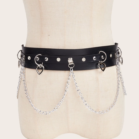 Dark Punk PU Leder Mieder Gürtel Für Damen Mit Herz Anhänger Metall Kette Dekorativ Taille Gürtel Für Kleider Mäntel Schwarz
