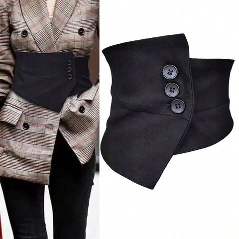 Women Fashion Black Corset Belt Asymmetrical Triple Button Decorated Wide Waist Cinch Belt For Suits Shirts Dresses