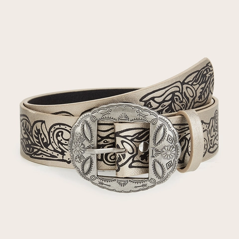 Cintura in Ecopelle Boho Rétro per Donna Motivo Floreale Goffrato Etnico per Jeans Con Grande Fibbia in Metallo Incisa