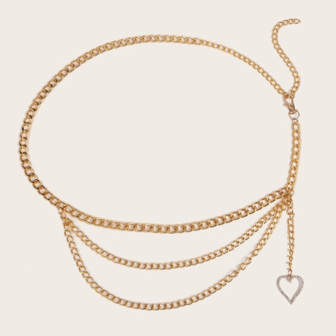Elegante Cinturón de Cadena de Aluminio Dorado Multicapa para Mujer Colgante de Corazón Strass Cadena de Cintura para Vestido Accesorios Moda