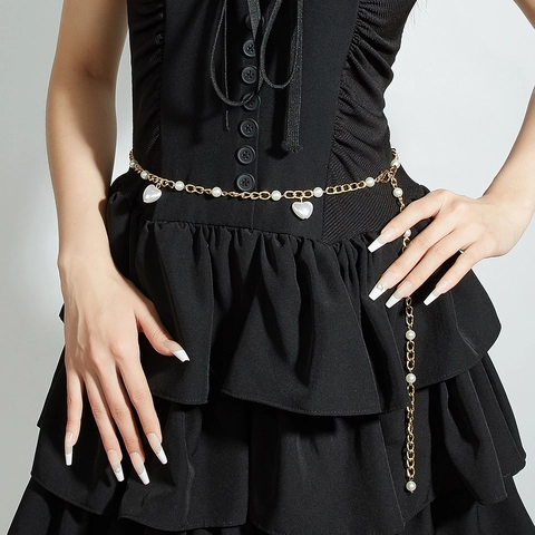 Women Elegant Gold Metal Chain Waist Belt With Artificial Pearl Heart Pendant For Dress Suit Fashion Jewelry Accessory