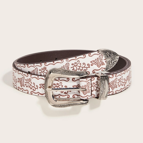 Women Vintage Western Boho Faux Leather Belt White Brown Butterfly Floral Print Carved Alloy Pin Buckle Waist Strap Accessories