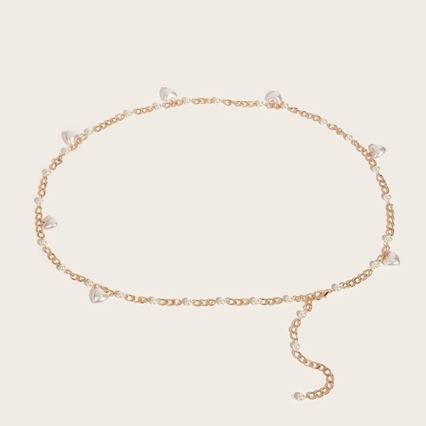 Women Elegant Gold Metal Chain Waist Belt With Artificial Pearl Heart Pendant For Dress Suit Fashion Jewelry Accessory