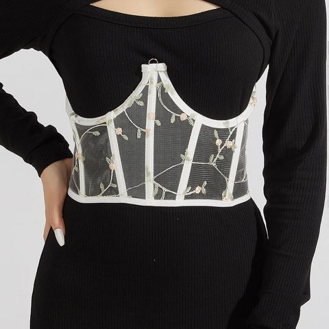 French Style Vintage Floral Embroidery Mesh Corset Belt For Women Lace Up Fishbone Cincher Waistband Waist Trainer Vest