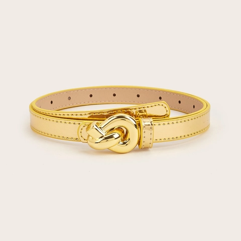 Women Fashion Mirror Faux Leather Thin Belt Metallic Knot Buckle Adjustable Waist Strap For Jeans Dress Versatile Accessory