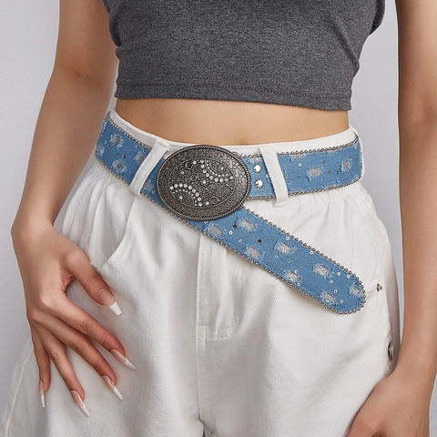 Ceinture Denim Femme Rétro Bohème Alliage Boucle Gravée Strass Western Cowboy Délavé Ceinture de Mode pour Jeans
