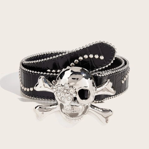 Punk Schedel Gesp PU Leren Riem Voor Heren Vrouwen Krokodillenpatroon Gedrukt Klinknagel Taille Riem Strass Gotische Riem