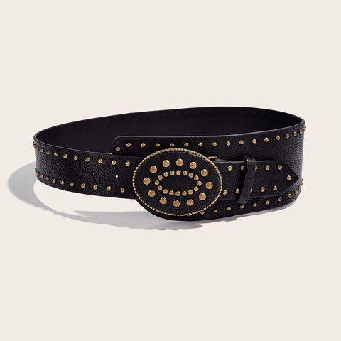 Cintura Larga con Borchie Vintage Bohemien per Donna Cintura da Vita in Ecopelle Punk con Grande Fibbia Ovale a Rivetti Nero Accessorio Moda