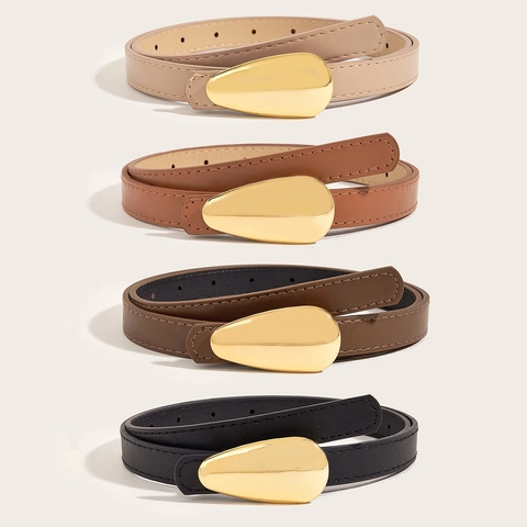 Cintura da Donna in Stile Coreano in Pelle PU Sottile Con Fibbia in Lega a Goccia d'Acqua Dorata Lucida Cinturino Retrò per Jeans
